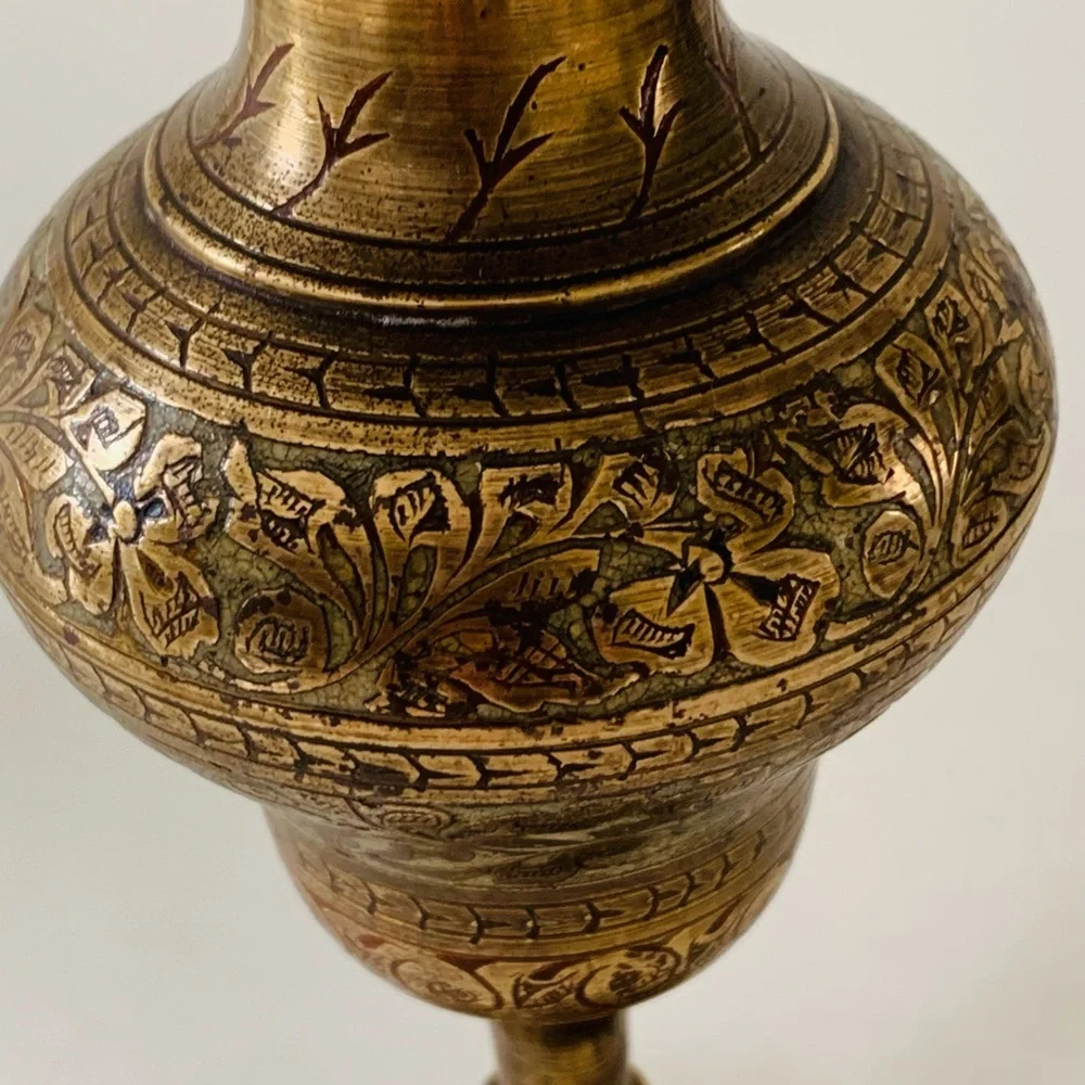 Vintage Indian Etched Florals Brass Fluted Vases Set Of 2 (7”)